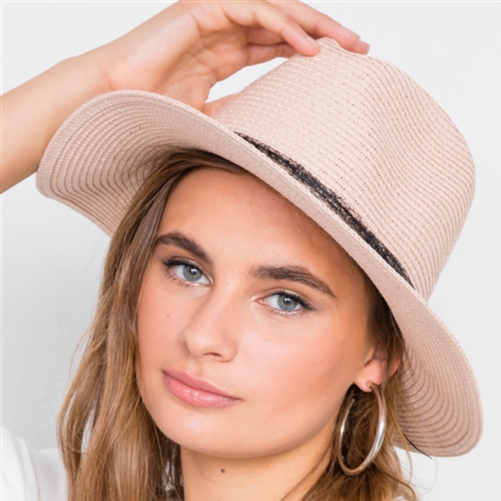 Pink straw bow-tie fedora hat - Picture 2 of 3